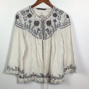 ZARA floral embroidered beaded open cardigan top shirt size large. Teal rust
